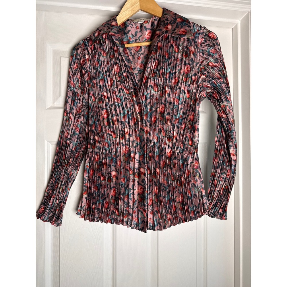 Vince Plisse Pleated Blouse Womens XS Pink Floral Long Sleeve V-Neck Top